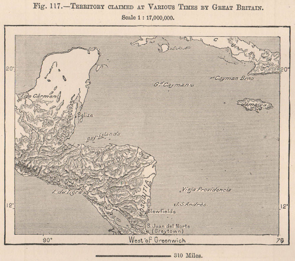 Territory claimed at various times by Great Britain. Central America 1885 map